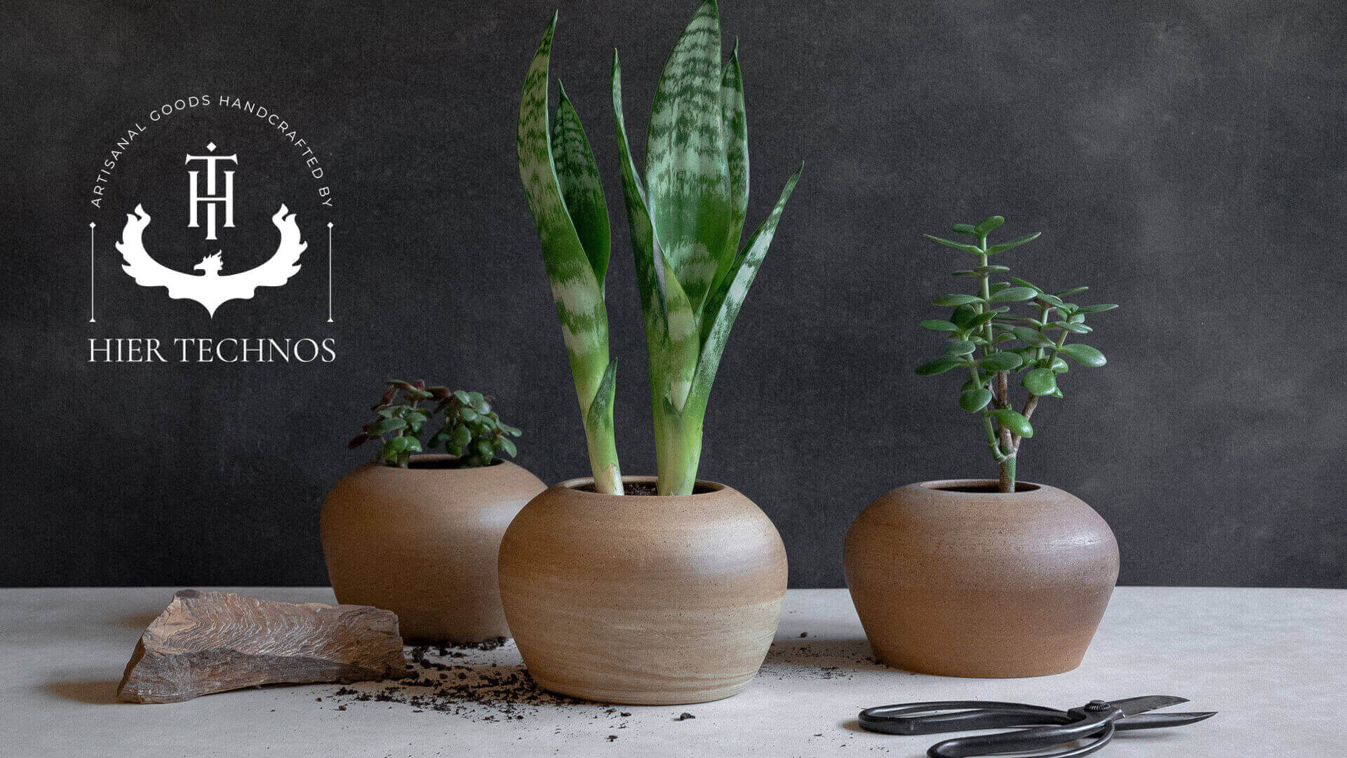 Three stone planters surrounded by petrified wood, dirt, and sheers. Hier Technos logo in the top left corner, Sierra Mitchell